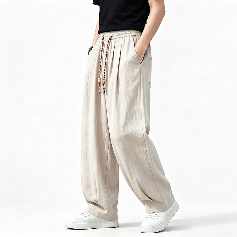 Buddha Stones Pantalon long uni à jambes droites et poches, coupe décontractée printemps-été, taille élastique avec cordon de serrage - image 19