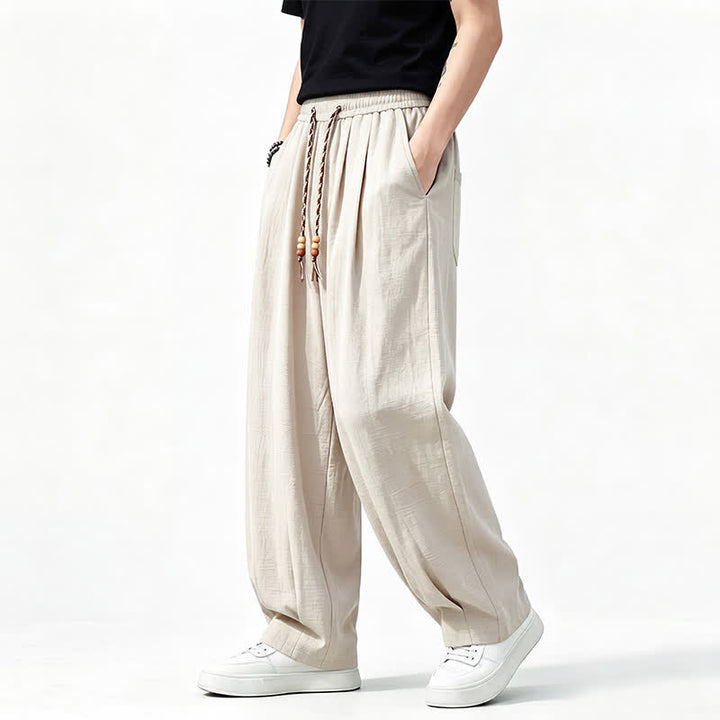 Buddha Stones Pantalon long uni à jambes droites et poches, coupe décontractée printemps-été, taille élastique avec cordon de serrage - image 19