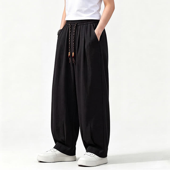 Buddha Stones Pantalon long uni à jambes droites et poches, coupe décontractée printemps-été, taille élastique avec cordon de serrage - image 11