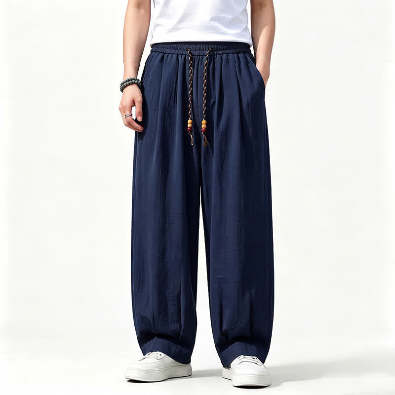 Buddha Stones Pantalon long uni à jambes droites et poches, coupe décontractée printemps-été, taille élastique avec cordon de serrage - Marine - US/UK/AU46，EU56 (5XL) - image 12