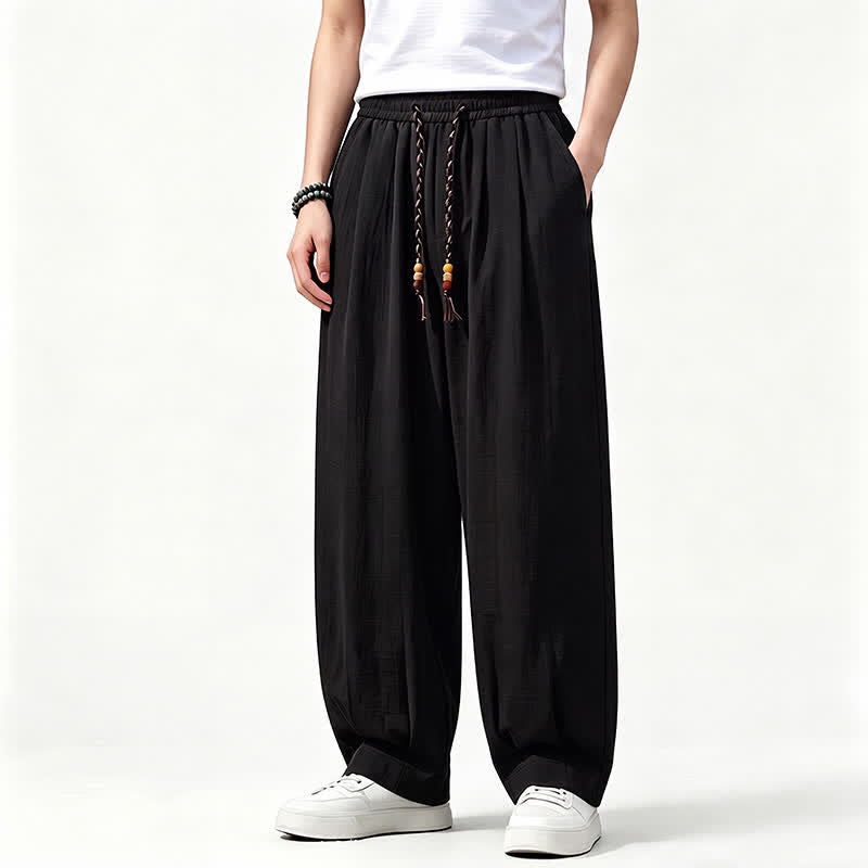 Buddha Stones Pantalon long uni à jambes droites et poches, coupe décontractée printemps-été, taille élastique avec cordon de serrage - Noir - US/UK/AU46，EU56 (5XL) - image 7