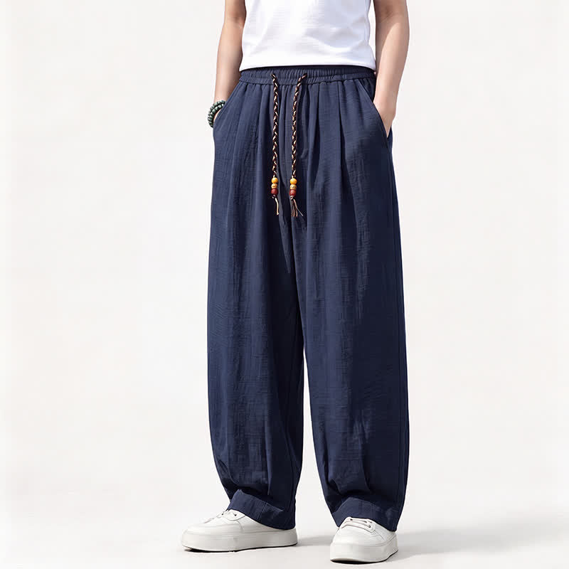 Buddha Stones Pantalon long uni à jambes droites et poches, coupe décontractée printemps-été, taille élastique avec cordon de serrage - image 16