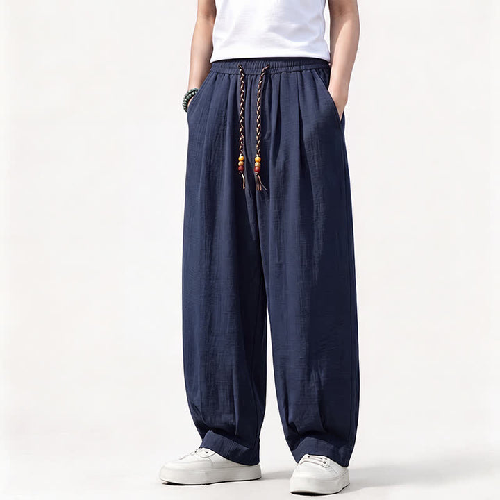Buddha Stones Pantalon long uni à jambes droites et poches, coupe décontractée printemps-été, taille élastique avec cordon de serrage - image 16