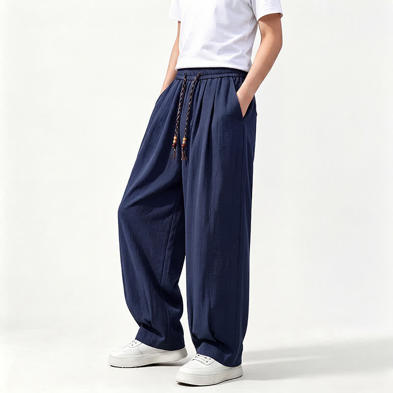 Buddha Stones Pantalon long uni à jambes droites et poches, coupe décontractée printemps-été, taille élastique avec cordon de serrage - image 14
