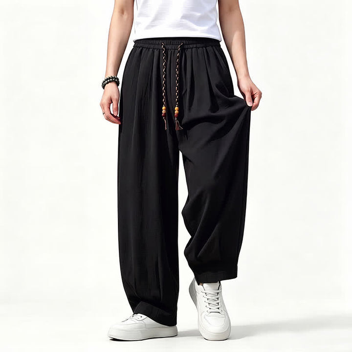 Buddha Stones Pantalon long uni à jambes droites et poches, coupe décontractée printemps-été, taille élastique avec cordon de serrage - image 10