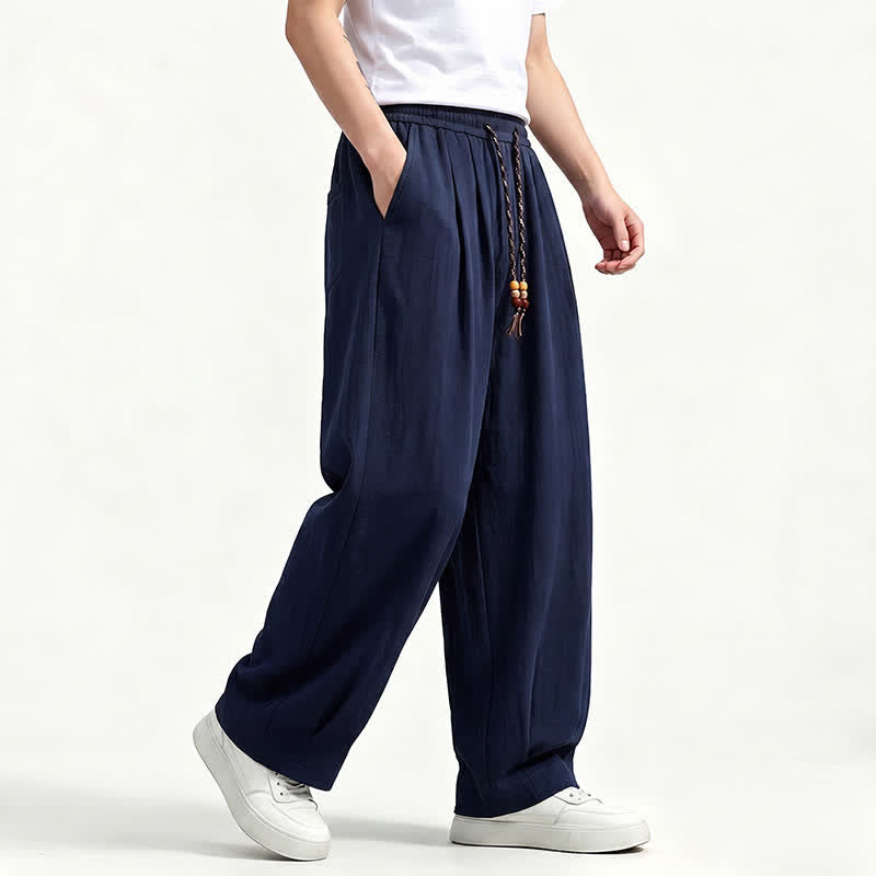 Buddha Stones Pantalon long uni à jambes droites et poches, coupe décontractée printemps-été, taille élastique avec cordon de serrage - image 13