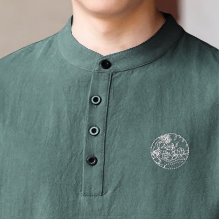 Buddha Stones Chemises d'été décontractées pour hommes, style Tang, col mandarin, manches courtes, unies - image 8