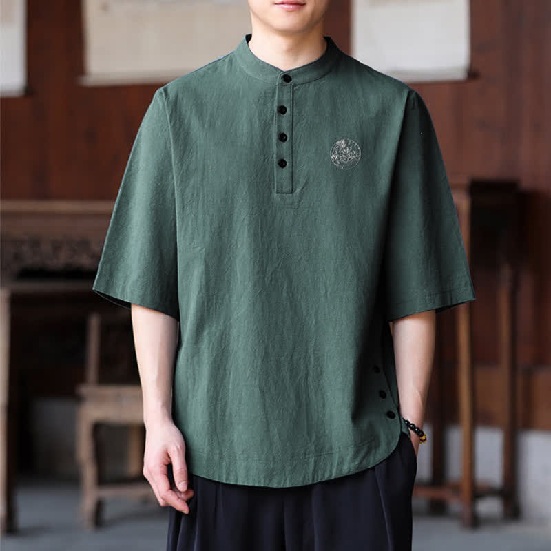 Buddha Stones Chemises d'été décontractées pour hommes, style Tang, col mandarin, manches courtes, unies - Vert d'eau - US/UK/AU46, EU56 (5XL) - image 0