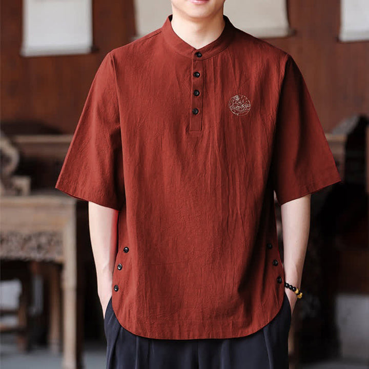 Buddha Stones Chemises d'été décontractées pour hommes, style Tang, col mandarin, manches courtes, unies - image 16
