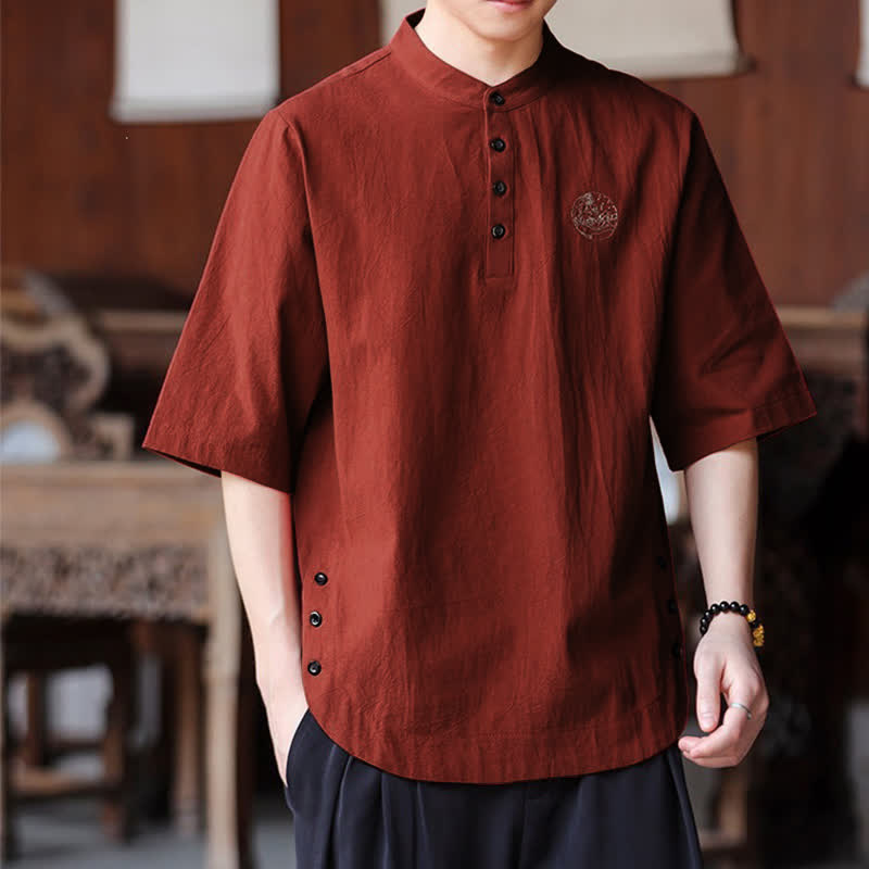 Buddha Stones Chemises d'été décontractées pour hommes, style Tang, col mandarin, manches courtes, unies - image 12