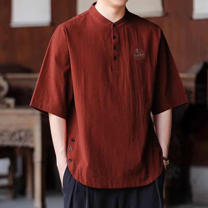 Buddha Stones Chemises d'été décontractées pour hommes, style Tang, col mandarin, manches courtes, unies - image 17