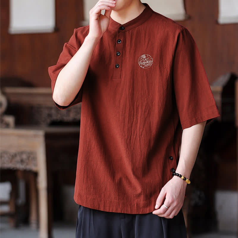 Buddha Stones Chemises d'été décontractées pour hommes, style Tang, col mandarin, manches courtes, unies - image 14