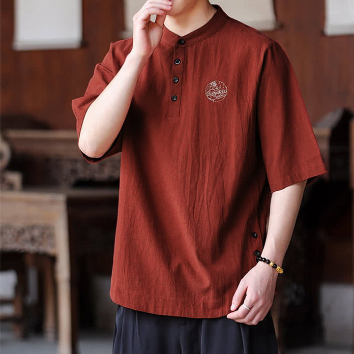 Buddha Stones Chemises d'été décontractées pour hommes, style Tang, col mandarin, manches courtes, unies - image 14