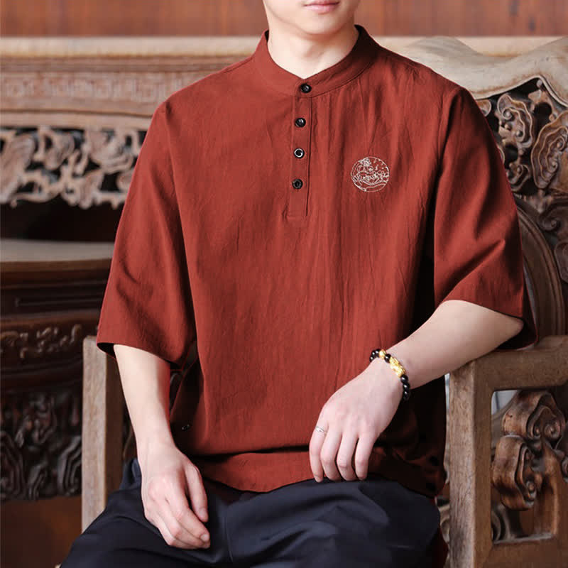 Buddha Stones Chemises d'été décontractées pour hommes, style Tang, col mandarin, manches courtes, unies - image 18