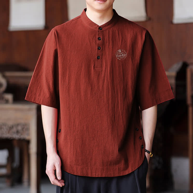 Buddha Stones Chemises d'été décontractées pour hommes, style Tang, col mandarin, manches courtes, unies - Rouge indien - US/UK/AU46, EU56 (5XL) - image 11
