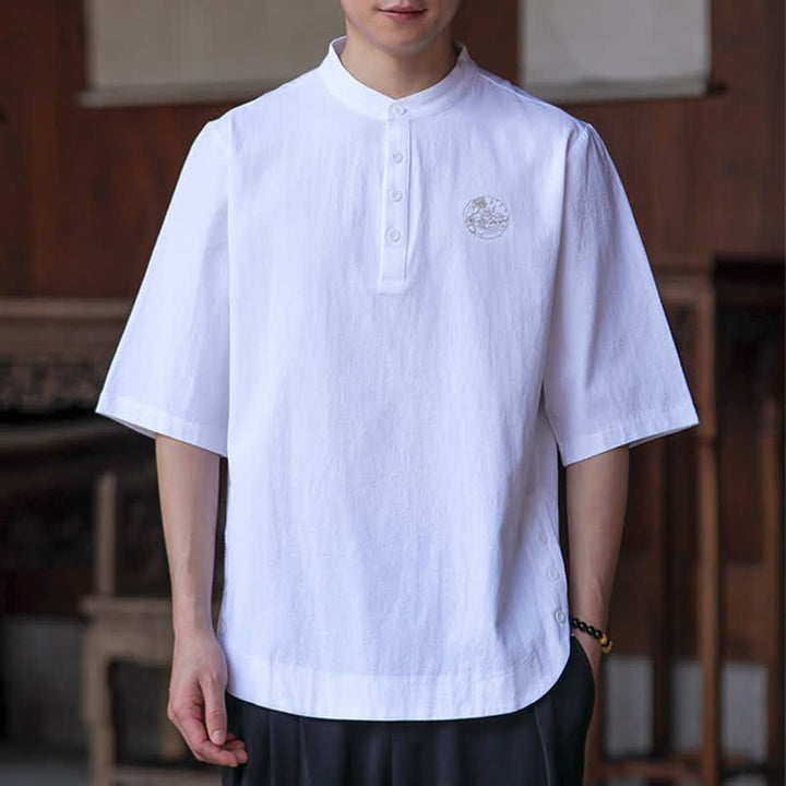 Buddha Stones Chemises d'été décontractées pour hommes, style Tang, col mandarin, manches courtes, unies - Blanc - US/UK/AU46, EU56 (5XL) - image 19