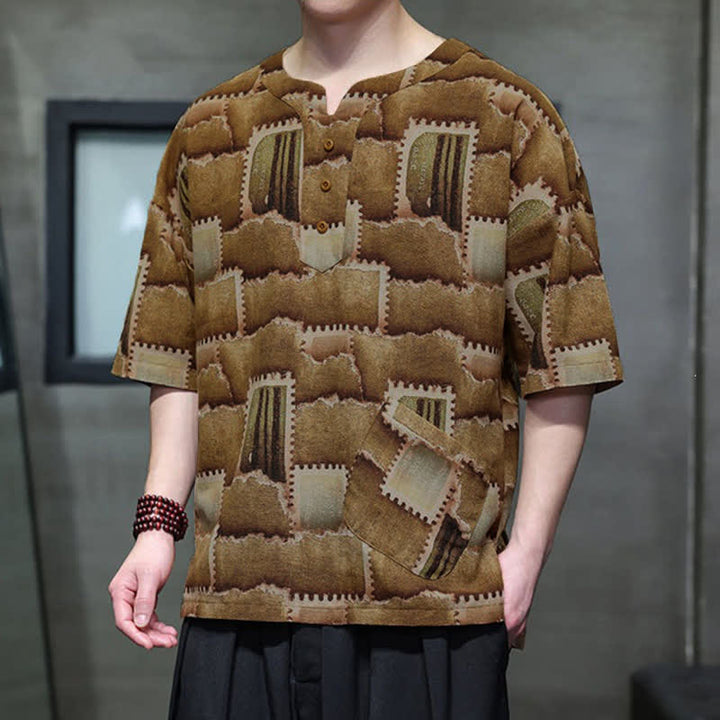 Buddha Stones Chemises d'été décontractées bohèmes à carreaux patchwork, manches courtes et poches plaquées pour hommes - image 10