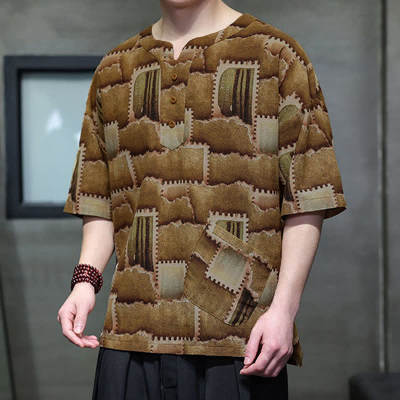 Buddha Stones Chemises d'été décontractées bohèmes à carreaux patchwork, manches courtes et poches plaquées pour hommes - image 12