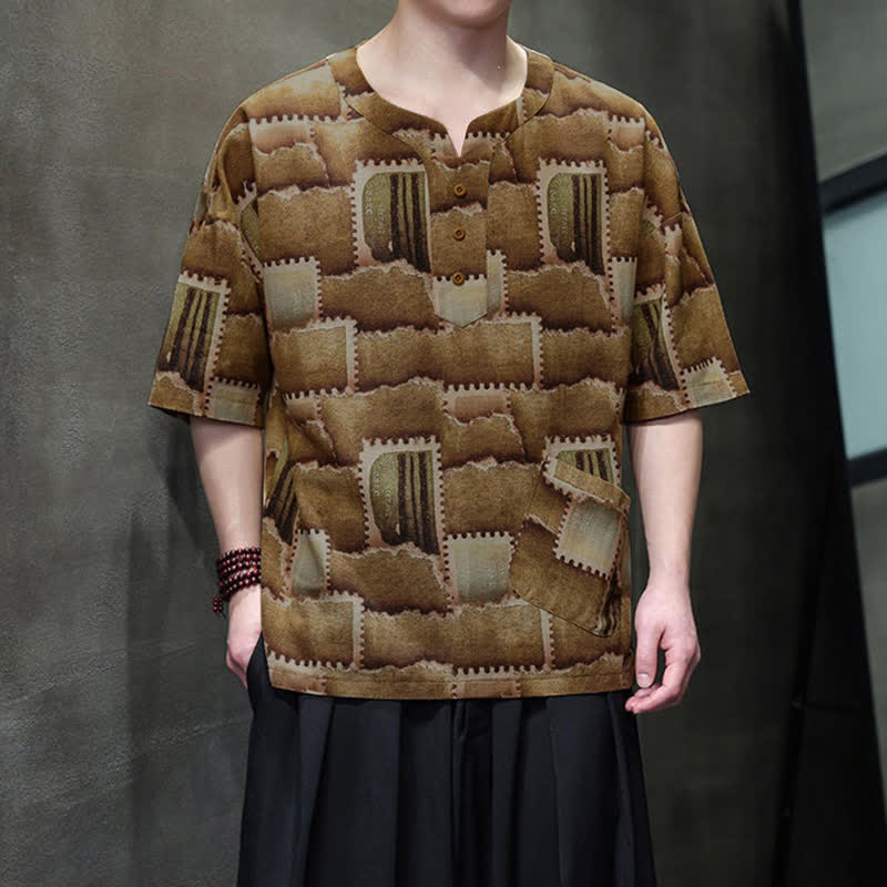 Buddha Stones Chemises d'été décontractées bohèmes à carreaux patchwork, manches courtes et poches plaquées pour hommes - image 14