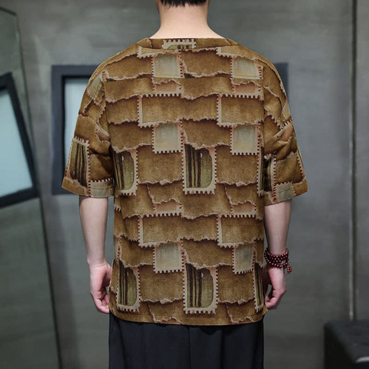 Buddha Stones Chemises d'été décontractées bohèmes à carreaux patchwork, manches courtes et poches plaquées pour hommes - image 13