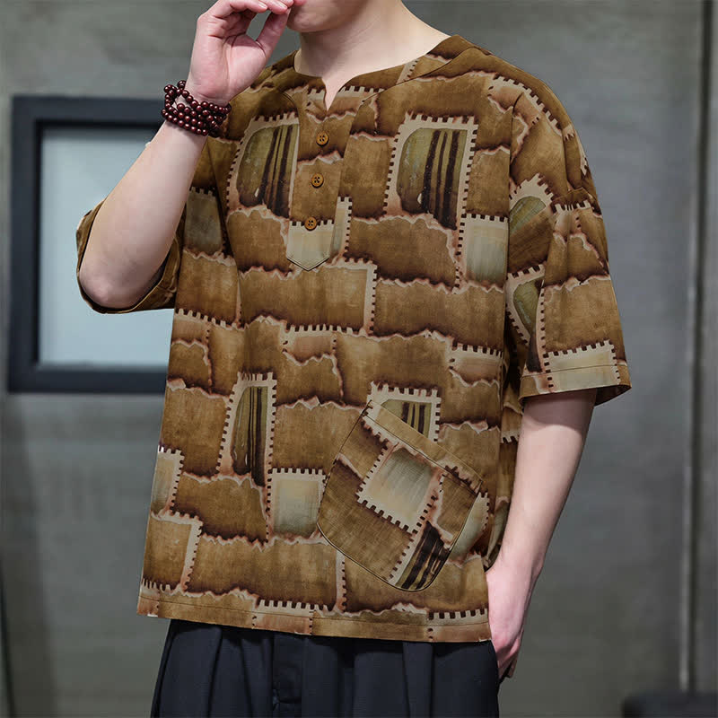 Buddha Stones Chemises d'été décontractées bohèmes à carreaux patchwork, manches courtes et poches plaquées pour hommes - image 15