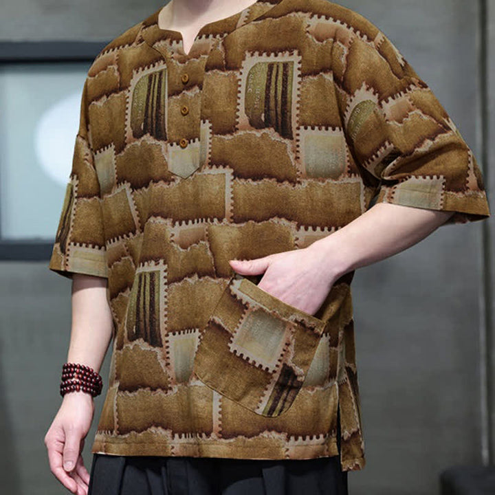 Buddha Stones Chemises d'été décontractées bohèmes à carreaux patchwork, manches courtes et poches plaquées pour hommes - image 16