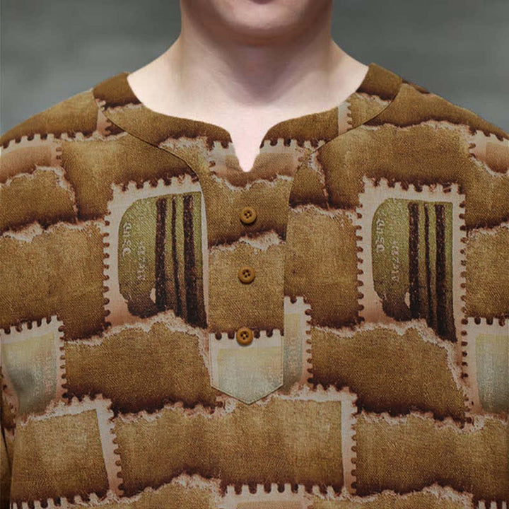 Buddha Stones Chemises d'été décontractées bohèmes à carreaux patchwork, manches courtes et poches plaquées pour hommes - image 18