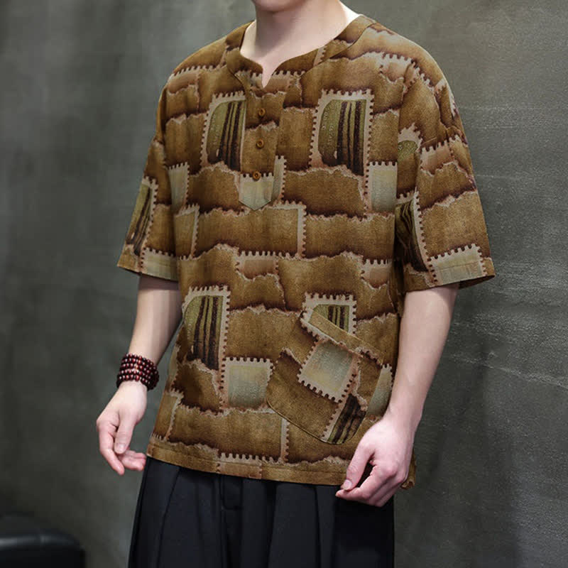 Buddha Stones Chemises d'été décontractées bohèmes à carreaux patchwork, manches courtes et poches plaquées pour hommes - image 17