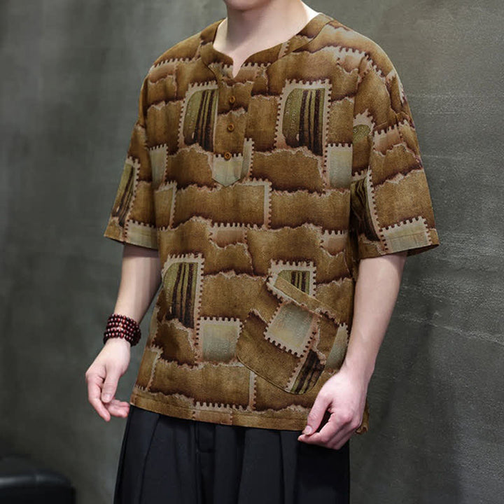 Buddha Stones Chemises d'été décontractées bohèmes à carreaux patchwork, manches courtes et poches plaquées pour hommes - image 17