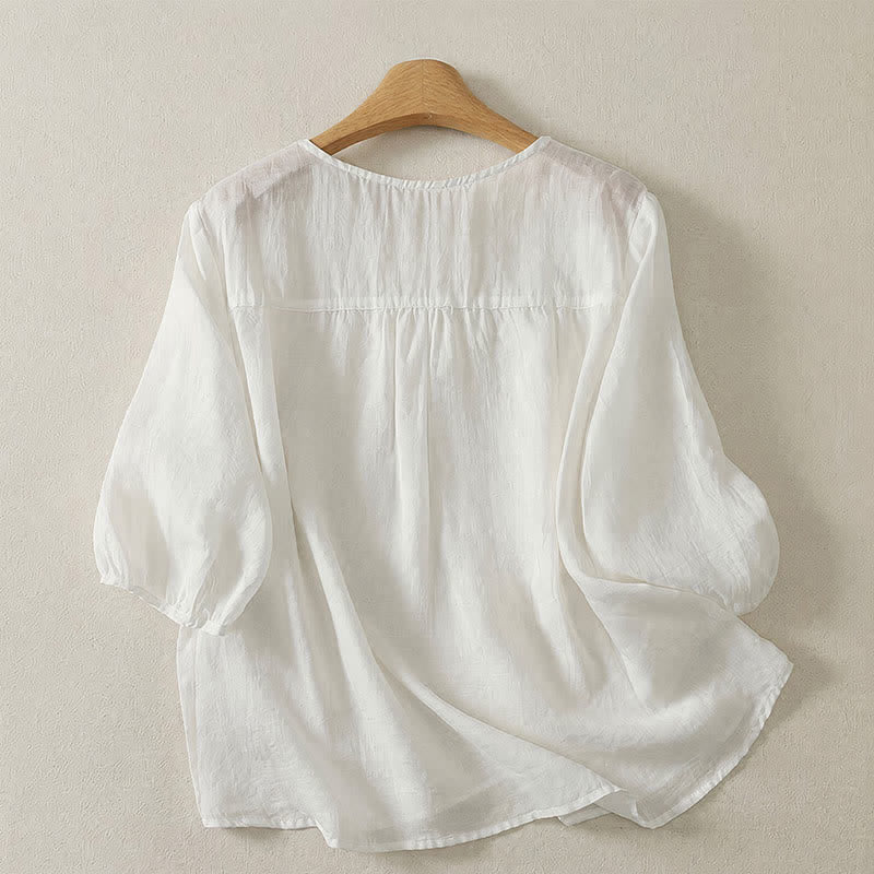 Buddha Stones T-shirt femme printemps-été décontracté vintage à col rond et broderie unie à manches trois-quarts - image 16
