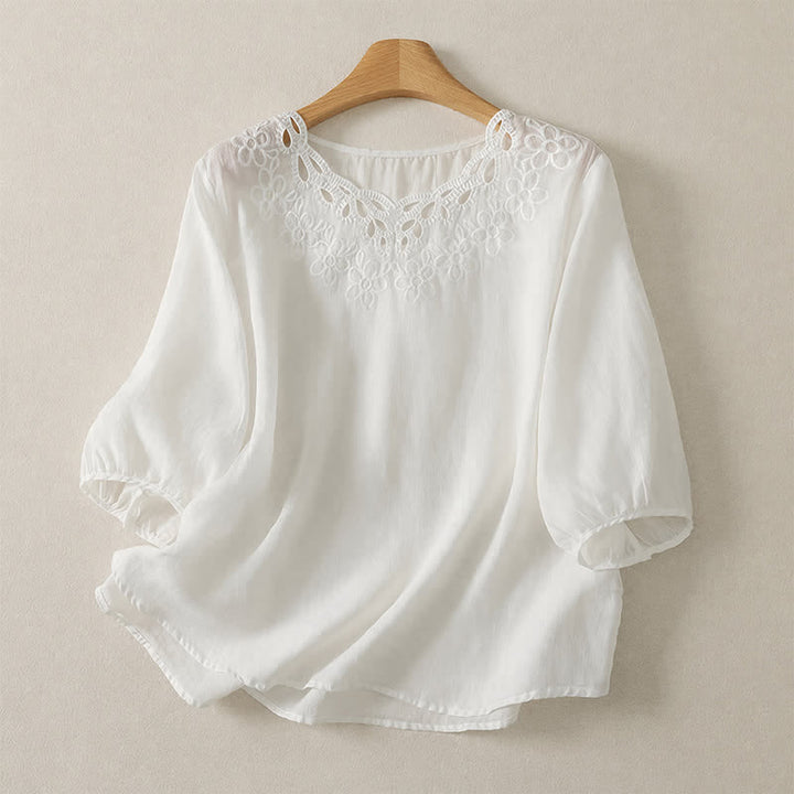 Buddha Stones T-shirt femme printemps-été décontracté vintage à col rond et broderie unie à manches trois-quarts - Blanc - US12, UK/AU16, EU44 (2XL) - image 15