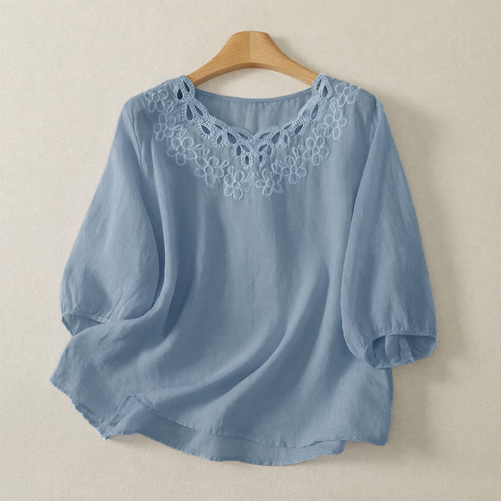 Buddha Stones T-shirt femme printemps-été décontracté vintage à col rond et broderie unie à manches trois-quarts - Bleu poudré - US12, UK/AU16, EU44 (2XL) - image 5