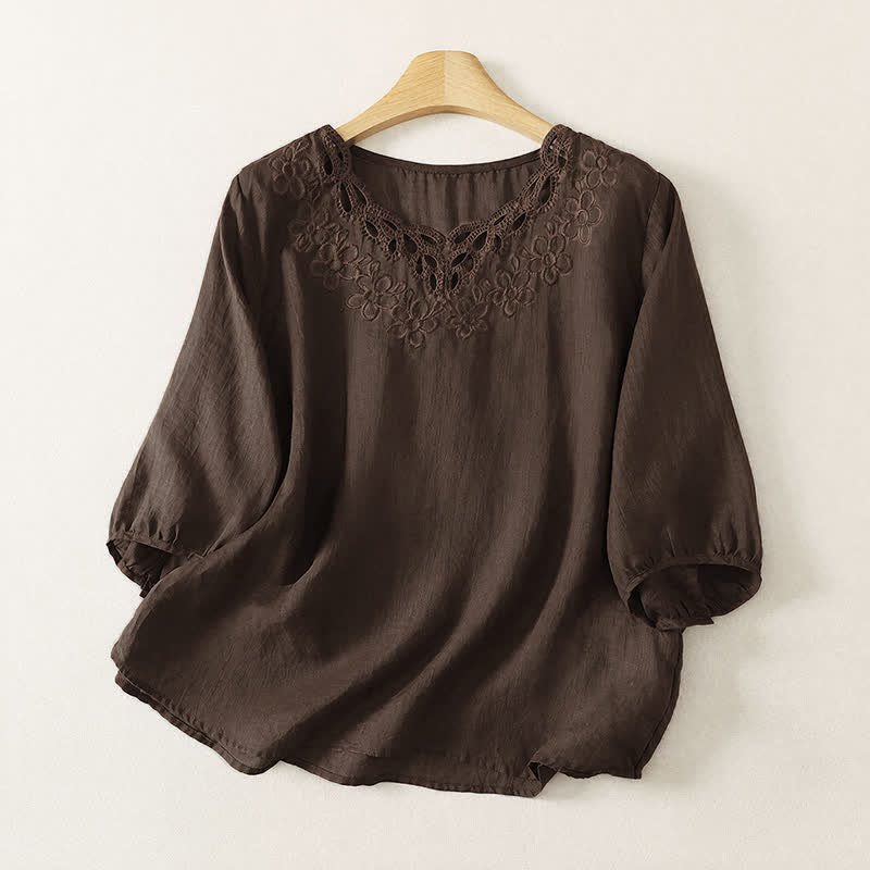 Buddha Stones T-shirt femme printemps-été décontracté vintage à col rond et broderie unie à manches trois-quarts - SaddleBrown - US12, UK/AU16, EU44 (2XL) - image 0