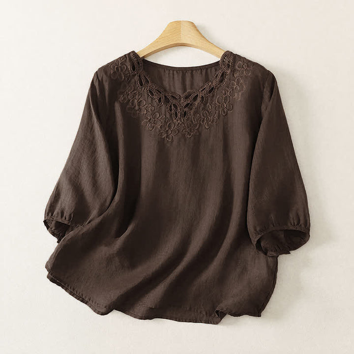 Buddha Stones T-shirt femme printemps-été décontracté vintage à col rond et broderie unie à manches trois-quarts - SaddleBrown - US12, UK/AU16, EU44 (2XL) - image 0