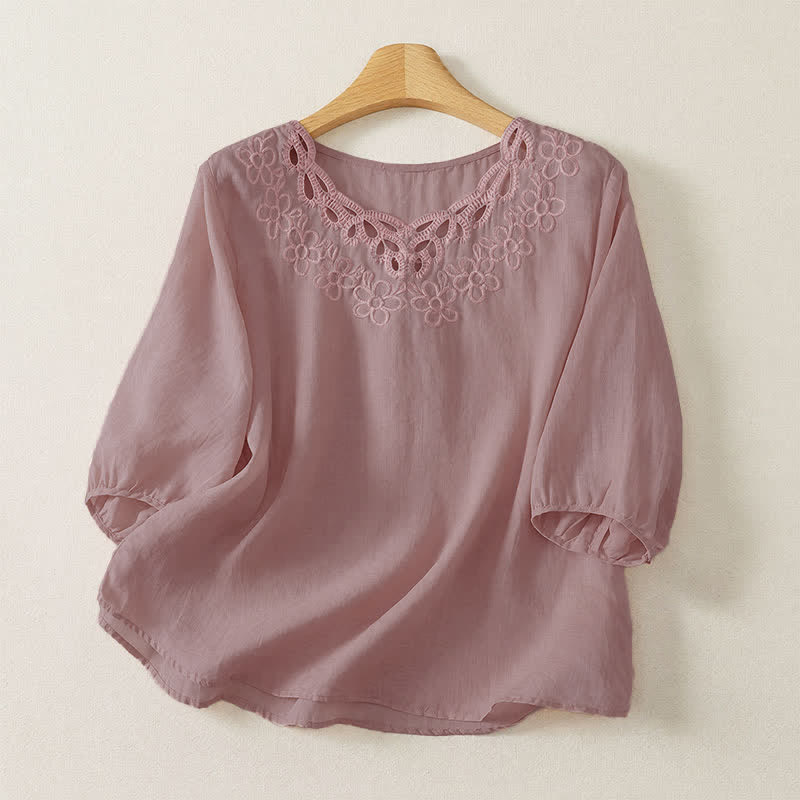 Buddha Stones T-shirt femme printemps-été décontracté vintage à col rond et broderie unie à manches trois-quarts - Rose - US12, UK/AU16, EU44 (2XL) - image 10