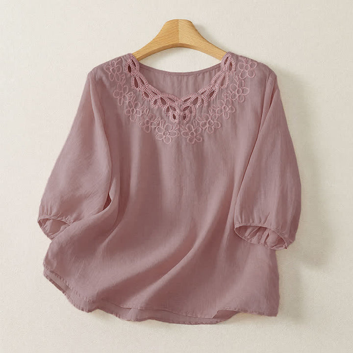 Buddha Stones T-shirt femme printemps-été décontracté vintage à col rond et broderie unie à manches trois-quarts - Rose - US12, UK/AU16, EU44 (2XL) - image 10