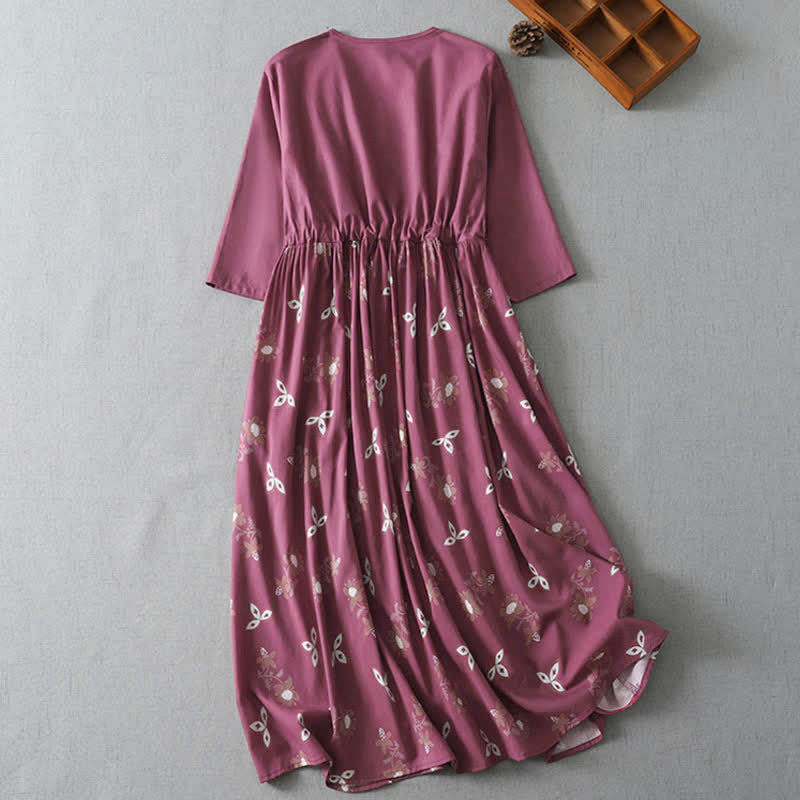 Buddha Stones Robe courte fleurie à manches courtes, style vintage décontracté, boutonnée et à cordon de serrage, avec poche, idéale pour le printemps et l'été. - image 1