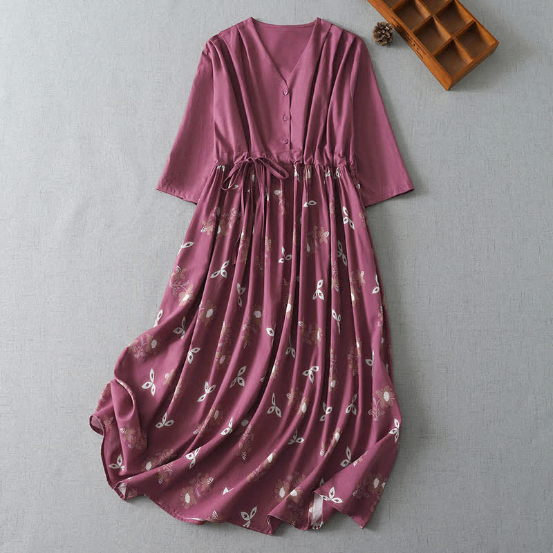 Buddha Stones Robe courte fleurie à manches courtes, style vintage décontracté, boutonnée et à cordon de serrage, avec poche, idéale pour le printemps et l'été. - Rouge violet pâle - US12, UK/AU16, EU44 (2XL) - image 0