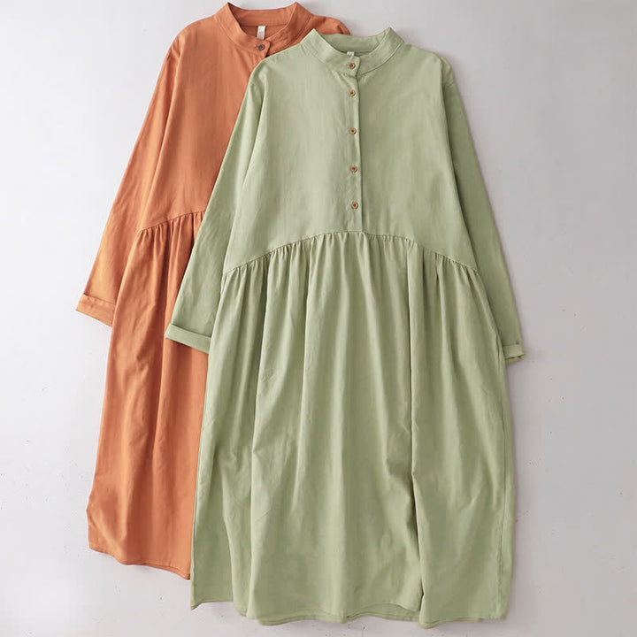 Buddha Stones Robe longue à manches longues et poches, style Tang, coupe décontractée printemps-automne, col mandarin, couleur unie. - image 0