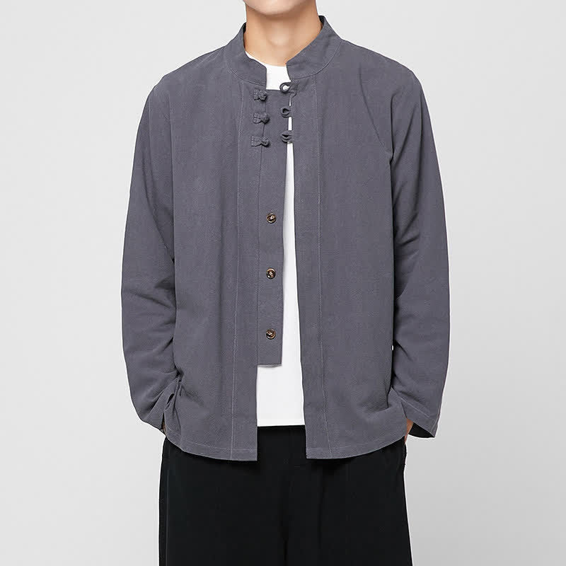 Buddha Stones Chemises à manches longues pour hommes, style Tang minimaliste, col mandarin, boutons brandebourg, unies, printemps-automne - Gris ardoise - US/UK/AU46，EU56 (5XL) - image 0