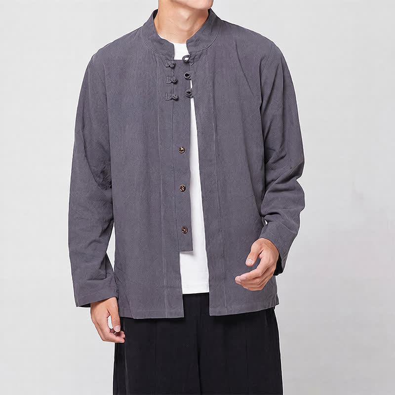 Buddha Stones Chemises à manches longues pour hommes, style Tang minimaliste, col mandarin, boutons brandebourg, unies, printemps-automne - image 1