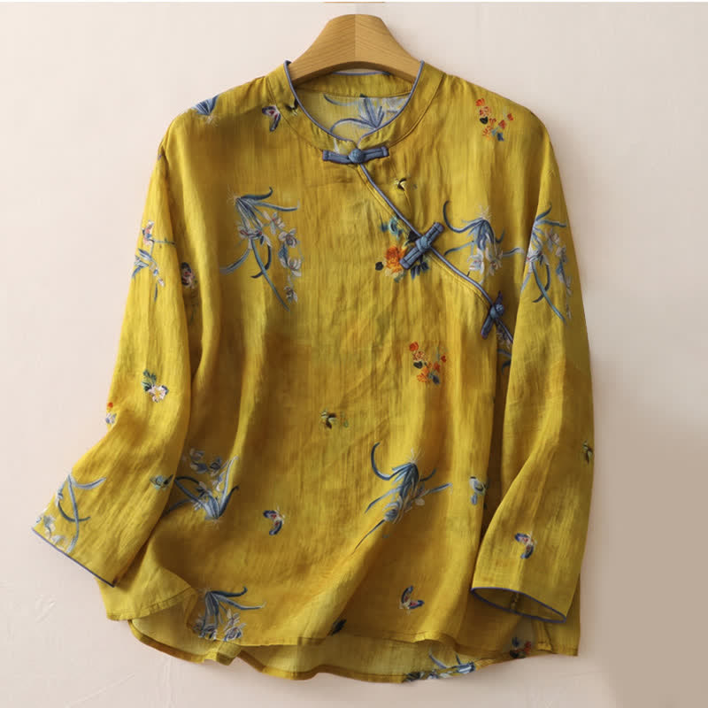 Buddha Stones Chemises à manches longues pour femmes, style Tang, à boutons grenouille et motif floral orchidée, style printemps vintage - verge d'or - US12, UK/AU16, EU44 (2XL) - image 0