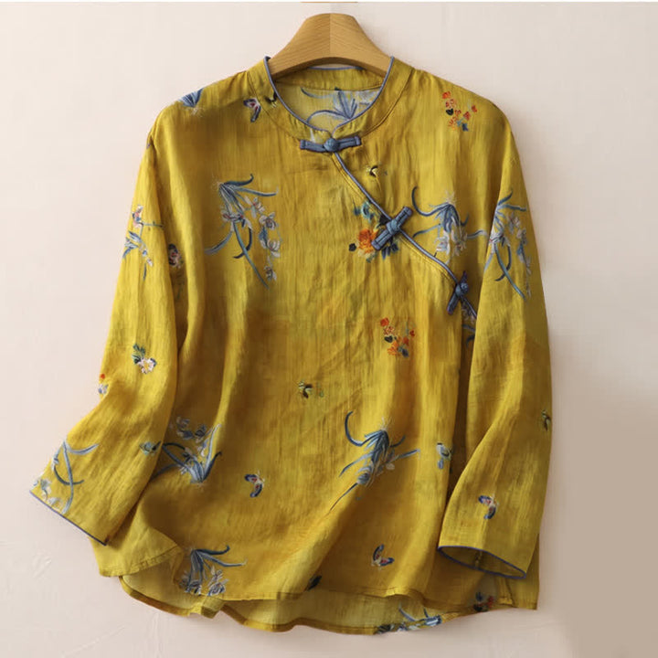 Buddha Stones Chemises à manches longues pour femmes, style Tang, à boutons grenouille et motif floral orchidée, style printemps vintage - verge d'or - US12, UK/AU16, EU44 (2XL) - image 0