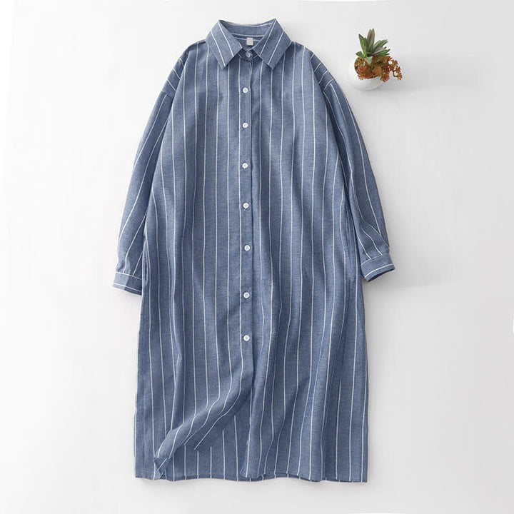Buddha Stones Robes rayées minimalistes décontractées à manches longues pour femmes, boutonnées, style printemps - Gris ardoise - US12, UK/AU16, EU44 (2XL) - image 9