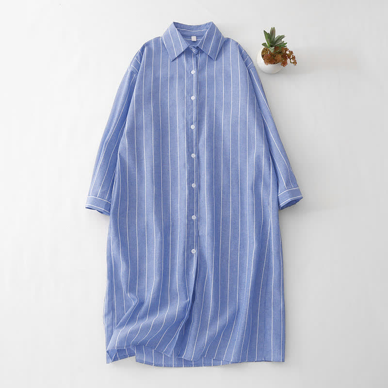 Buddha Stones Robes rayées minimalistes décontractées à manches longues pour femmes, boutonnées, style printemps - Bleu acier clair - US12, UK/AU16, EU44 (2XL) - image 0