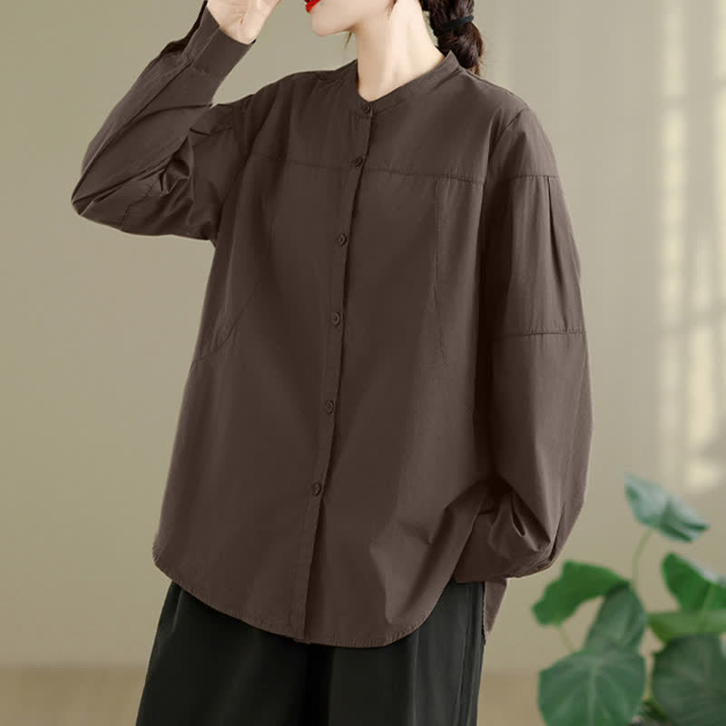 Buddha Stones Chemises à manches longues pour femmes, style minimaliste Tang, col mandarin, unies, printemps-automne - image 1