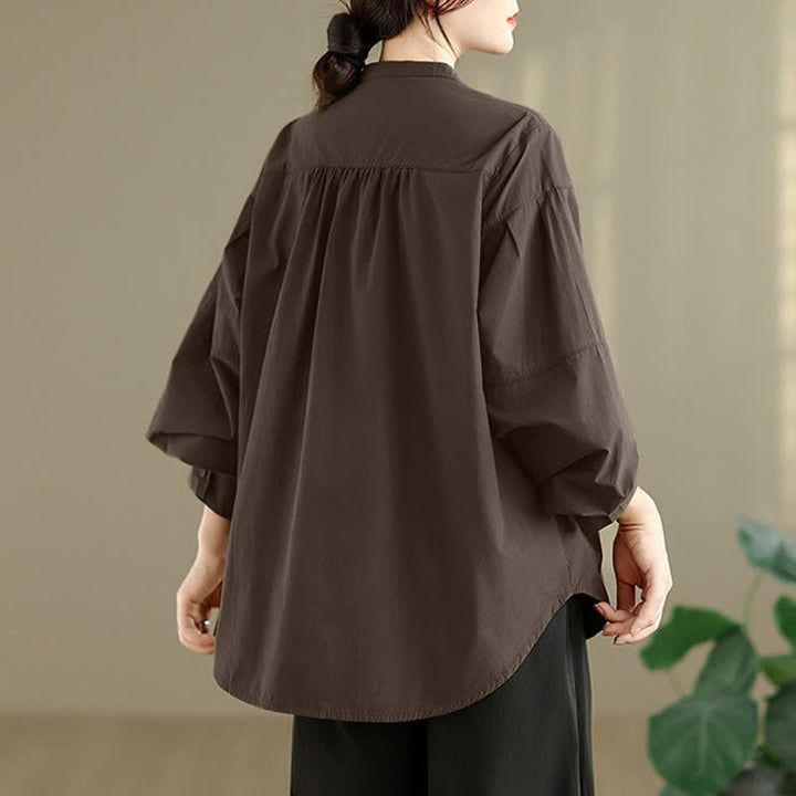 Buddha Stones Chemises à manches longues pour femmes, style minimaliste Tang, col mandarin, unies, printemps-automne - image 2
