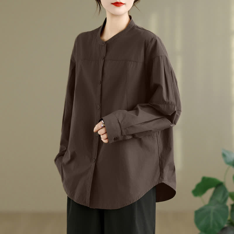 Buddha Stones Chemises à manches longues pour femmes, style minimaliste Tang, col mandarin, unies, printemps-automne - SaddleBrown - US8-10, UK/AU12-14, EU40-42 (2XL) - image 0