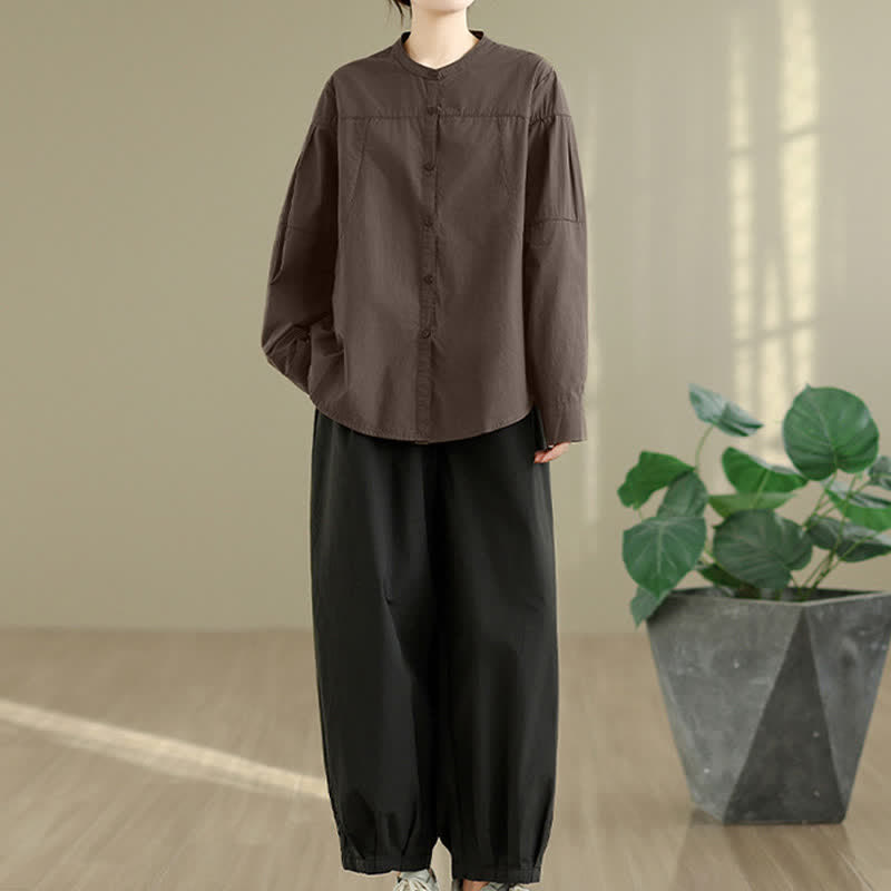 Buddha Stones Chemises à manches longues pour femmes, style minimaliste Tang, col mandarin, unies, printemps-automne - image 5