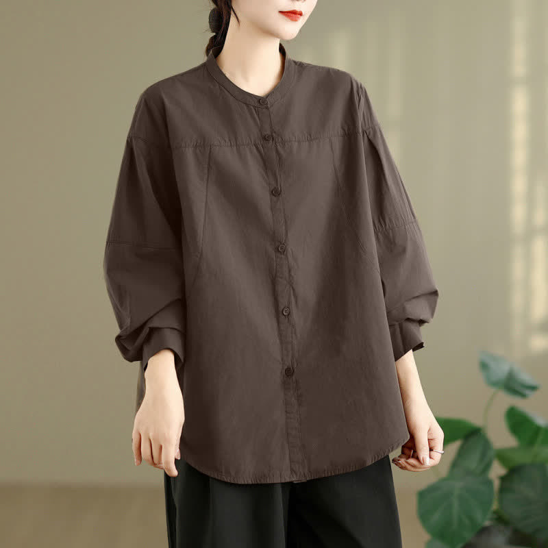 Buddha Stones Chemises à manches longues pour femmes, style minimaliste Tang, col mandarin, unies, printemps-automne - image 4